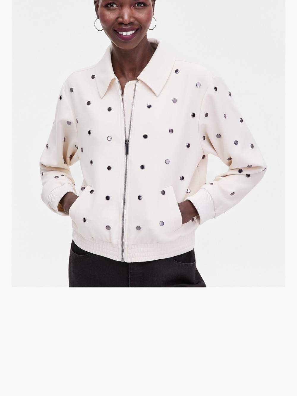 INC International Concepts Cream Bomber Jacket with Stud Embellishments